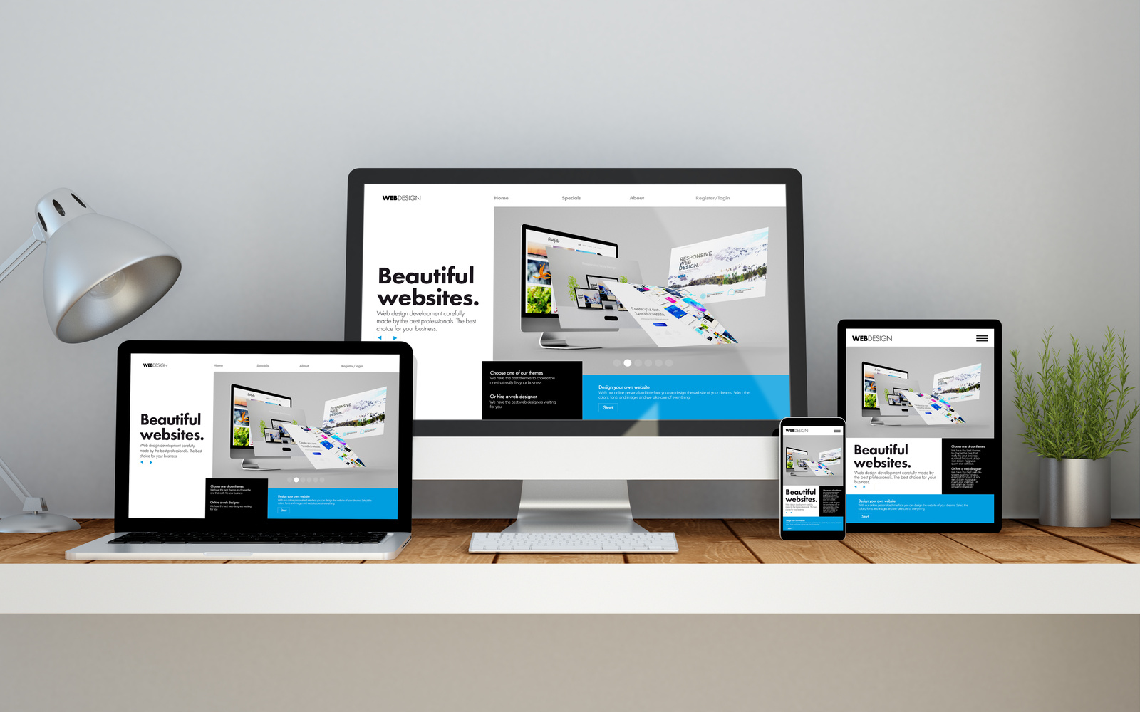 Workplace with  Online Responsive Website Builder  on Devices